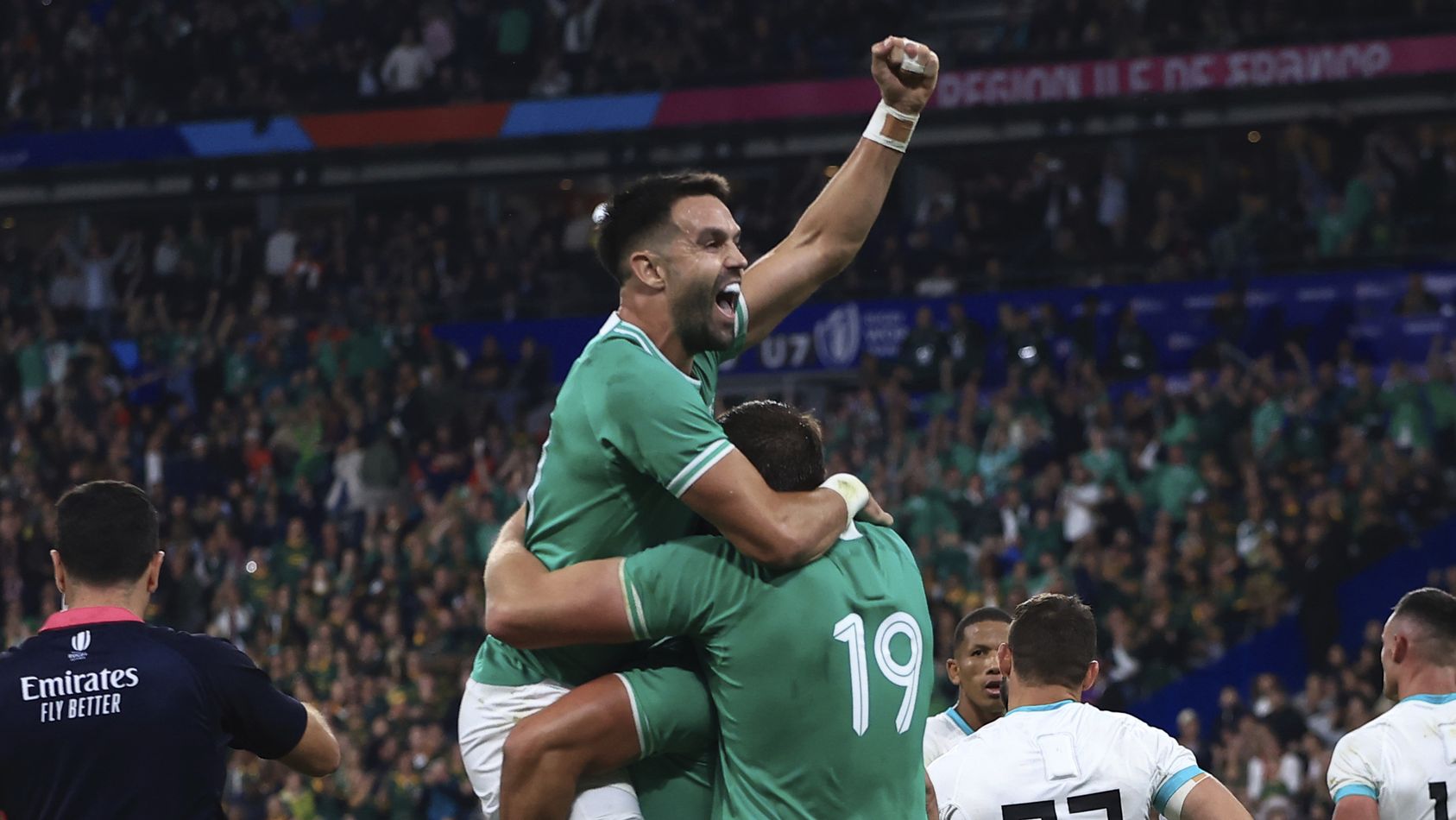 Ireland celebrate as they defeat South Africa during the Rugby World Cup at Stade de France.