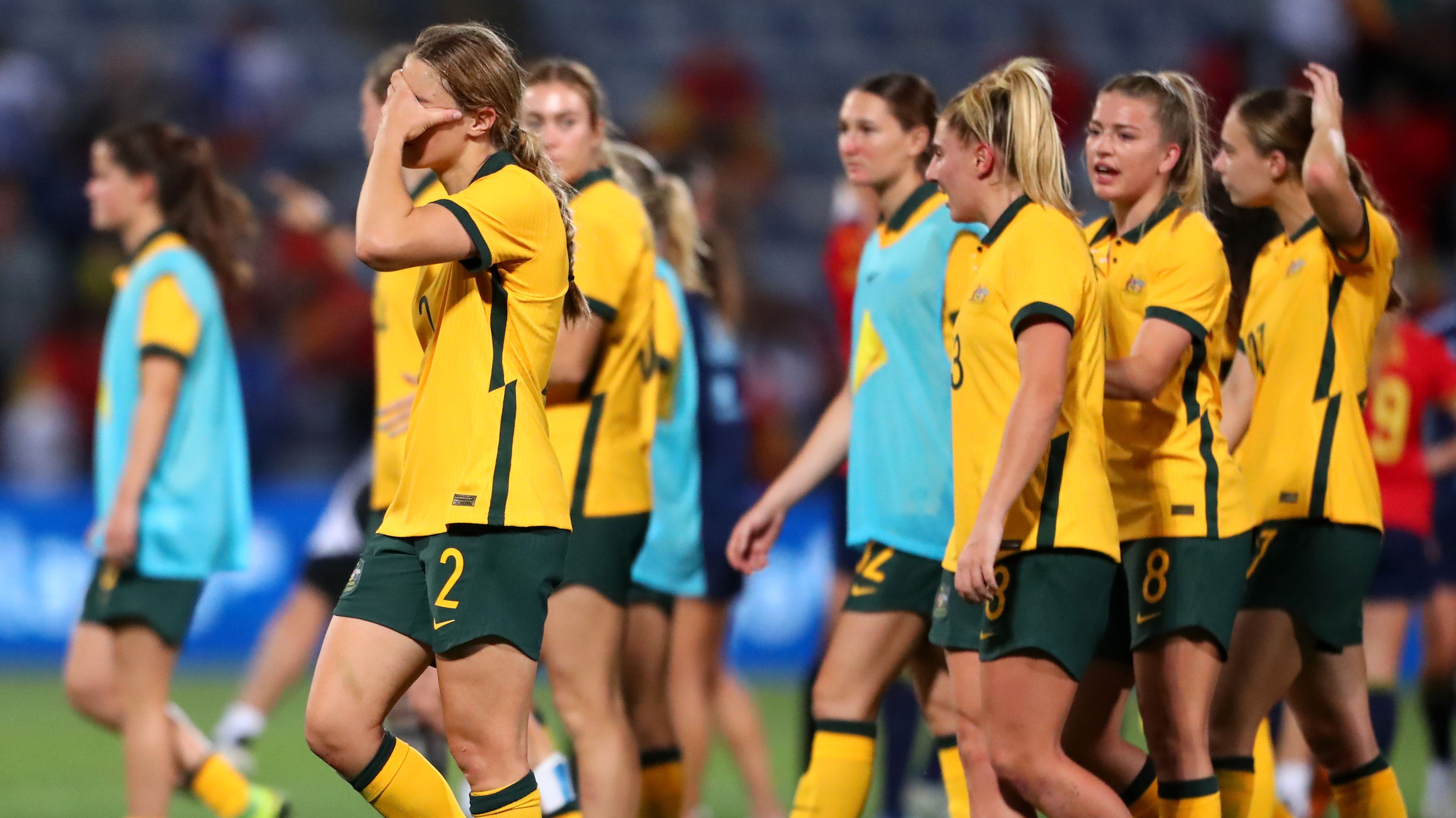 Courtney Nevin looks dejected following Australia&#x27;s seven-goal defeat.