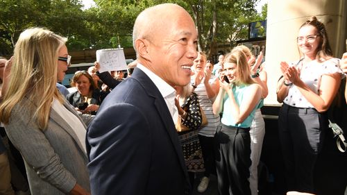 Photo shows, Dr CHARLIE TEO arrives to a large crowd of supporters before entering the Commission hearing. Photo Peter Rae. Monday 13 February, 2023