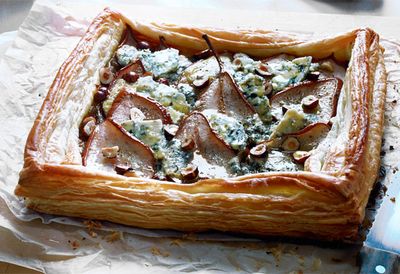 Blue cheese, pear and hazelnut tart with balsamic glaze
