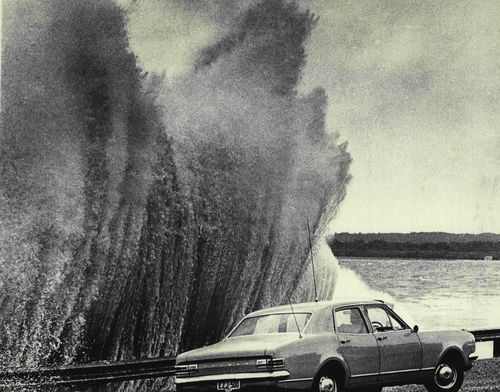 A monster wave swamps Carruthers Drive in the NSW town of Dolls Point on February 7, 1974 after Cyclone Pam.