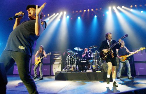 Malcolm Young (back left) performs with AC/DC. (AAP file image)