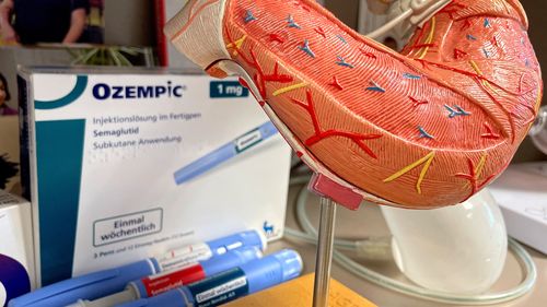 A view of a plastic model of a stomach and some Ozempic packaging