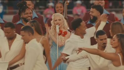 Lady Gaga during Bad Bunny's performance during the Apple Music Super Bowl LX Halftime Show at Levi's Stadium on February 08, 2026 in Santa Clara, California. 