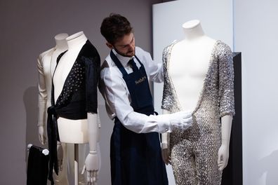 A sparkling stage-worn silver sequined catsuit owned by Freddie Mercury on display at Sotheby's on August 03, 2023 in London, England.