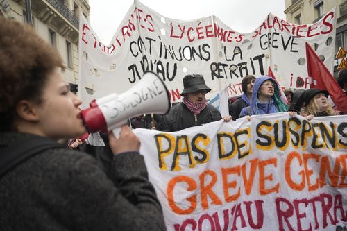 Students demonstrate Friday, April 14, 2023 in Paris.