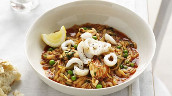 Moreton Bay bug, cuttlefish and orzo saffron broth