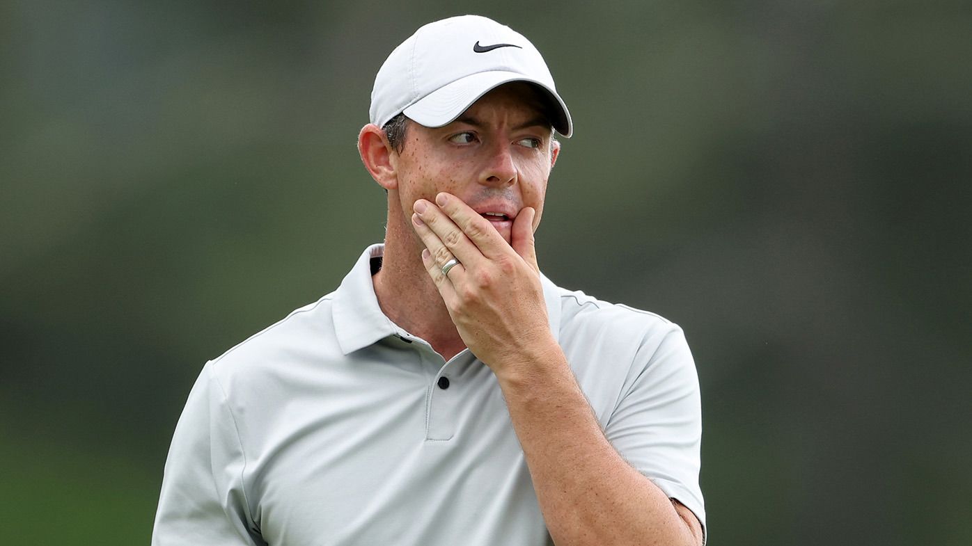 Rory McIlroy of Northern Ireland reacts to a putt on the 18th green during the second round of the 2023 Masters Tournament at Augusta National Golf Club on April 07, 2023 in Augusta, Georgia. (Photo by Christian Petersen/Getty Images)
