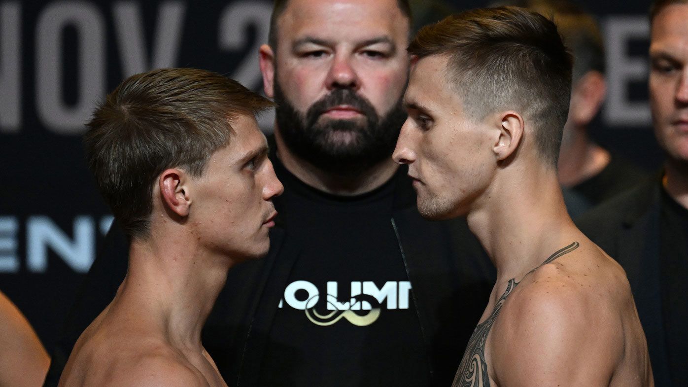 Nikita Tszyu and Dylan Biggs in a tense face-off after weighing in ahead of their super welterweight title fight