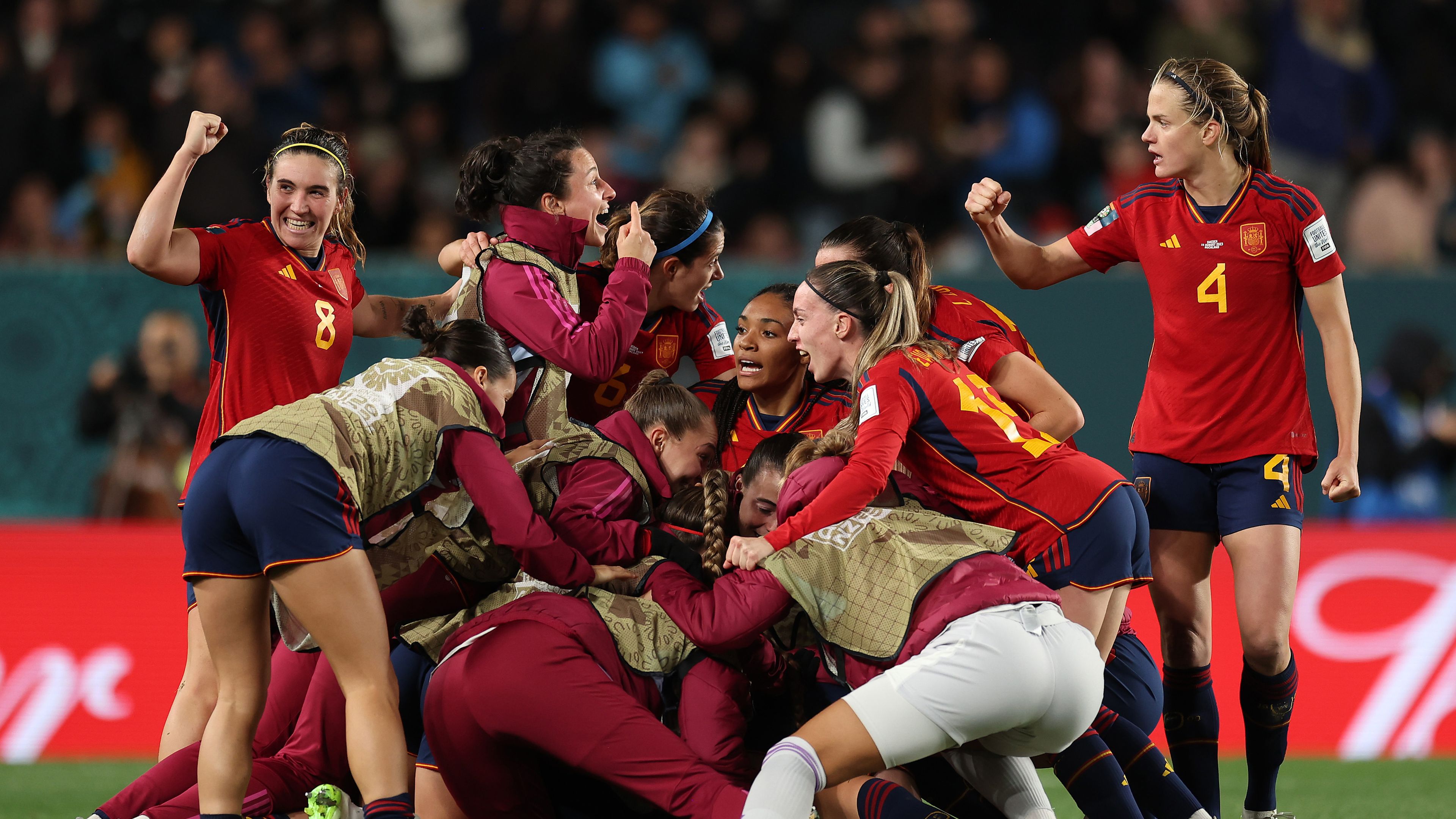 Spain players celebrate the team&#x27;s second goal during the FIFA Women&#x27;s World Cup Australia &amp; New Zealand 2023 Semi Final match between Spain and Sweden at Eden Park on August 15, 2023 in Auckland / Tmaki Makaurau, New Zealand. (Photo by Maja Hitij - FIFA/FIFA via Getty Images)