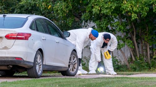 Investigators examine the ground at the scene of a stabbing in Weldon, Saskatchewan