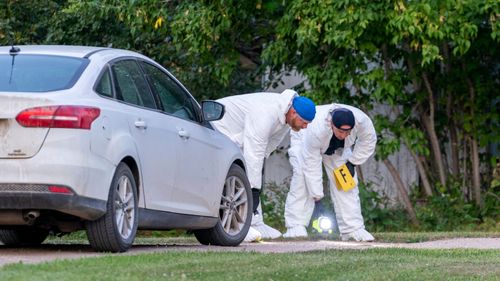 Müfettişler, Weldon, Saskatchewan'da bir bıçaklama olay yerinde zemini inceliyor