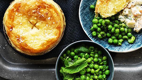 Creamy Australian prawn pot pies with minted peas