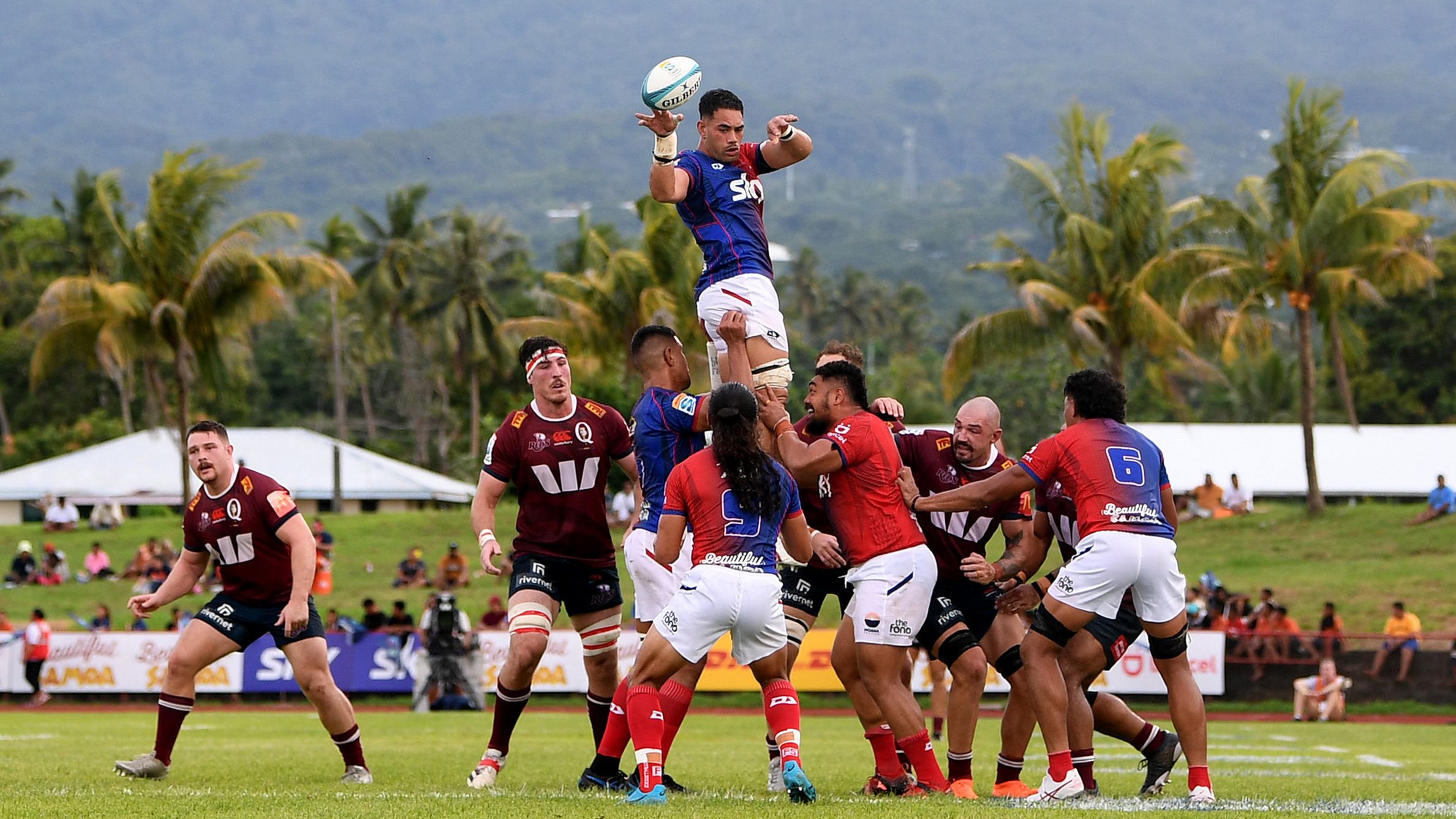 Potu Leavasa of Moana Pasifika collects the ball from a lineout during the round eight Super Rugby Pacific match between Moana Pasifika and Queensland Reds at Apia Park National Stadium.