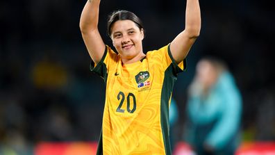 Sam Kerr of Australia celebrates winning the Women's World Cup round of 16 football match between the Australia Matildas and Denmark at Stadium Australia on August 07, 2023 in Sydney, Australia. (Photo by Steven Markham/Icon Sportswire)