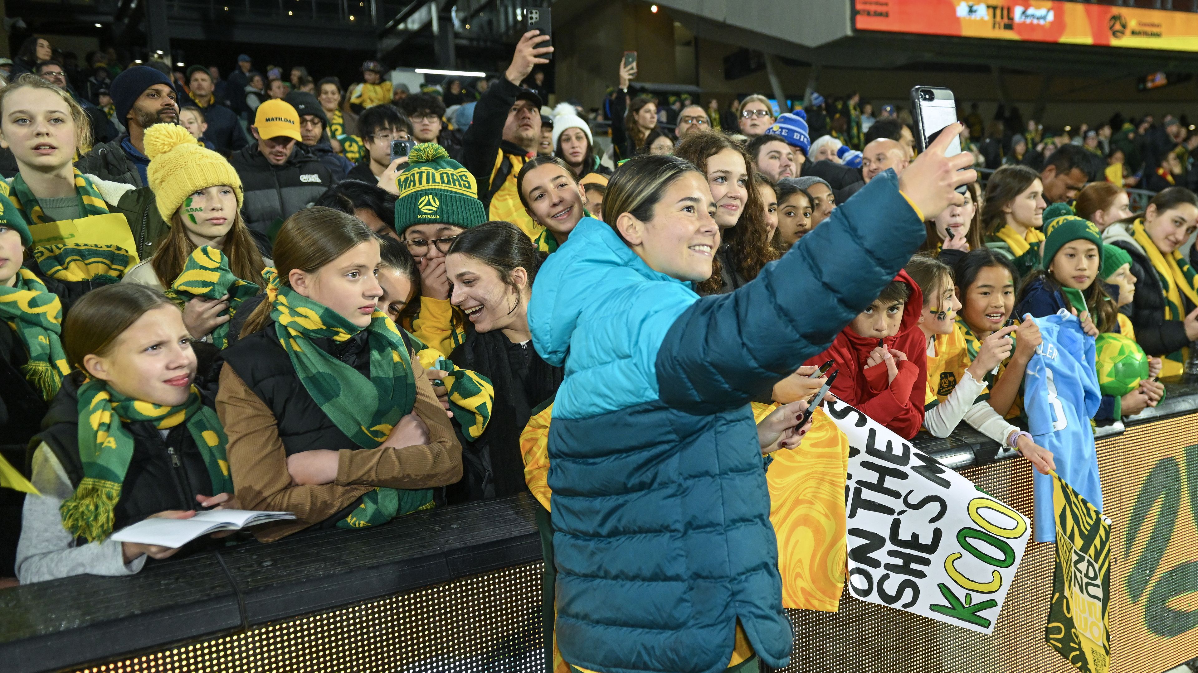 Kyra Cooney-Cross of Australia mets the fans after the international friendly match between Australia Matildas and China PR at Adelaide Oval on May 31, 2024 in Adelaide, Australia. (Photo by Mark Brake/Getty Images)