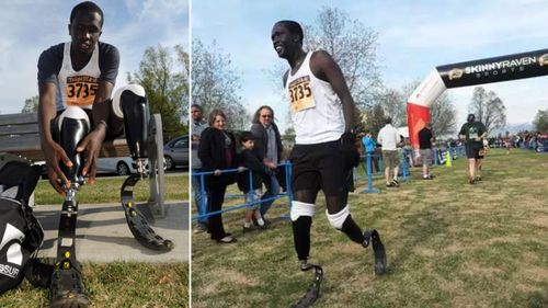 Marko Cheseto preparing his prosthetic feet, left, and finishing a running event in Alaska.