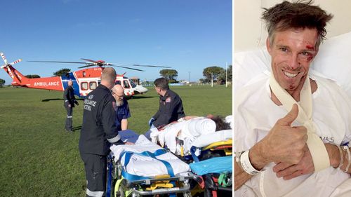 Cycling legend Phil Anderson being loaded into a helicopter (left) and smiling in hospital. (Facebook)