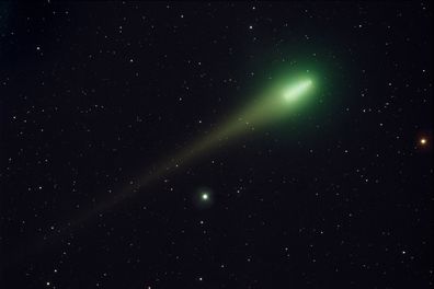 This is a time-lapse image of Comet Lulin at it's closest approach to the earth on February 24, 2009.  There are a total of 10 images stacked upon each other.  Each image exposure was 5 minutes.  If you examine the image closely, you will see 10 "comet heads" which reflects how much the comet traveled over the 50 minute time span.