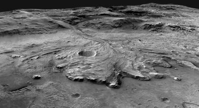 This illustration depicts a possible area through which the Mars 2020 Perseverance rover could traverse across Jezero Crater as it investigates several ancient environments that may have once been habitable. NASA/JPL-Caltech/USGS