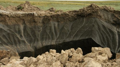 The rim of a recently discovered crater in the Yamal Peninsula, in Yamalo-Nenets Autonomous Okrug, Russia. (AAP)