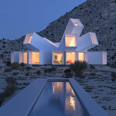 Gwiazdorski dom na pustyni w Kalifornii z architekturą wielu kontenerów transportowych 