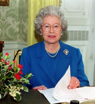 Britain's Queen Elizabeth II records her Christmas Day message to the Commonwealth at Buckingham Palace.  This picture was taken while she was recording the version of the message which is heard on the radio.   (Photo by Fiona Hanson - PA Images/PA Images via Getty Images)