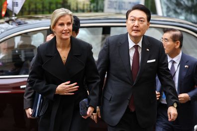 South Korea's President Yoon Suk Yeol and Sophie, Duchess of Edinburgh arrive at the Royal Society, November 22, 2023 in London 