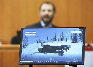 Dr. Irving Scher shows an accident simulation during testimony in Gwyneth Paltrow's trial, Tuesday, March 28, 2023, in Park City, Utah