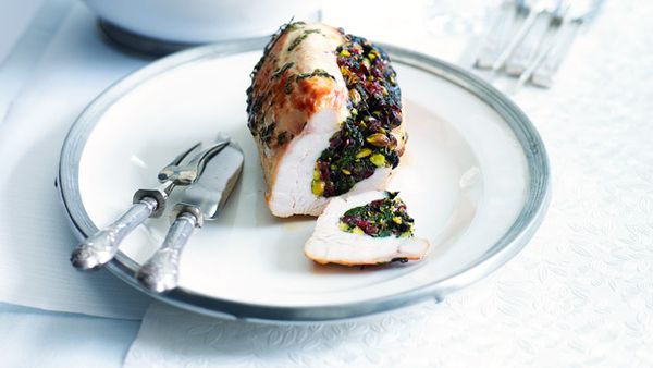 Roast turkey breast with cranberry and pistachio stuffing