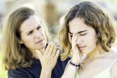 Mother scolds daughter. Mum angry at teenager.