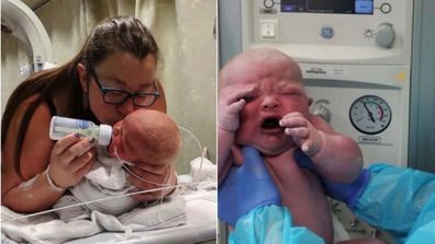 6.37 kg newborn baby being fed by his mother (left)and being delivered (right)