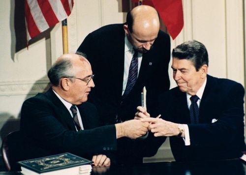 The 1987 Intermediate-Range Nuclear Forces Treaty (INF) was signed by US president Ronald Reagan and Soviet general secretary Mikhail Gorbachev.