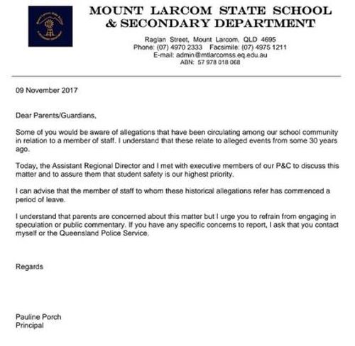 The school's principal sent a letter home to parents. (Supplied)
