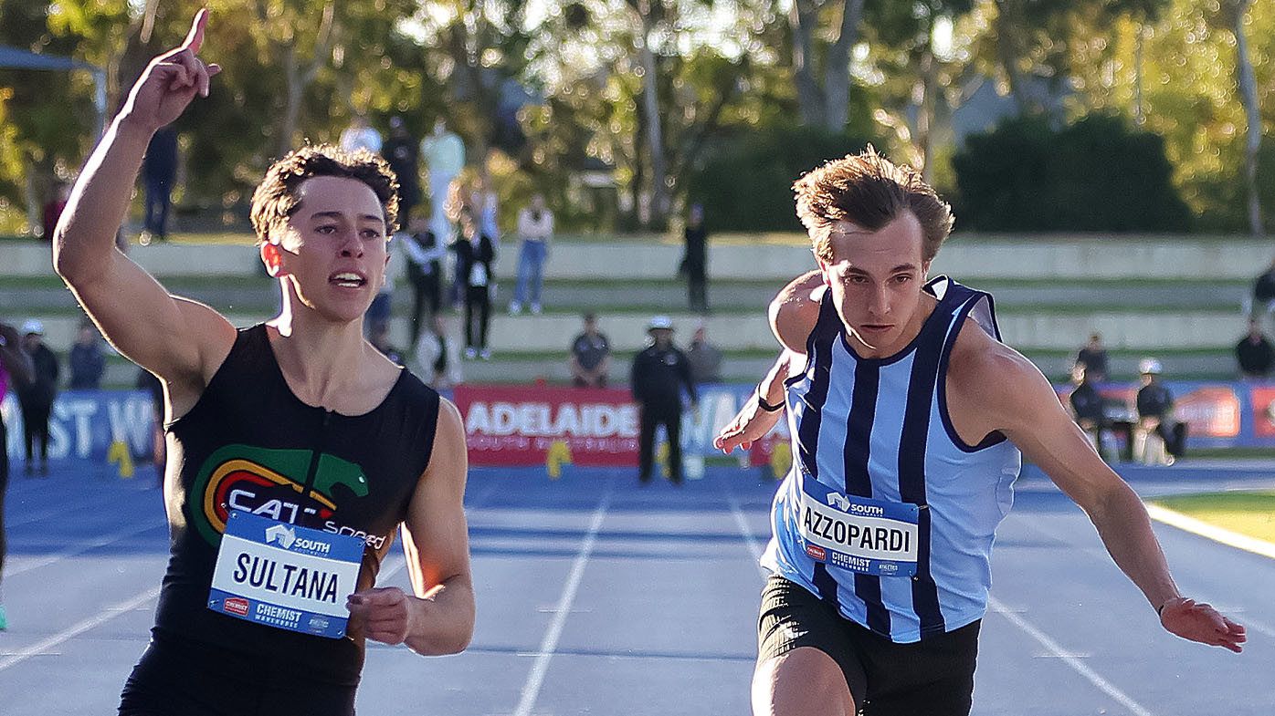 Sebastian Sultana (left) winning the men&#x27;s 100m final ahead of Josh Azzopardi (right).