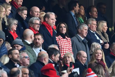 CARDIFF, WALES - FEBRUARY 25: Gerald Davies, President of the Welsh Rugby Union, HRH Prince William, Prince of Wales, and HRH Princess Kate, Princess of Wales, line up during the National Anthems prior to the Six Nations Rugby match between Wales and England at Principality Stadium on February 25, 2023 in Cardiff, Wales. (Photo by Shaun Botterill/Getty Images)