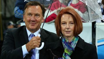 Tim Mathieson with then-prime minister Julia Gillard. The couple lived at the Lodge and Kirribilli House throughout Gillard&#x27;s three-year term as prime minister. 