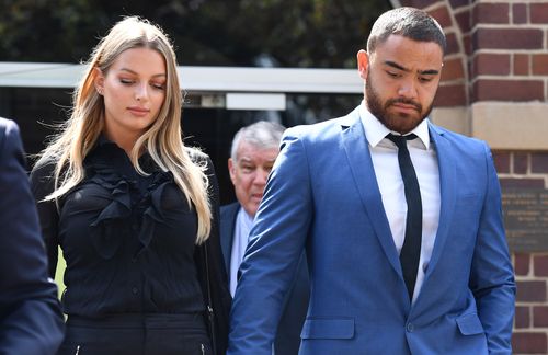 Manly Sea Eagles player Dylan Walker leaves court with his partner Alexandra Ivkovic after being charged with assault on December 11.