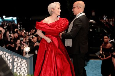 (L-R): Meryl Streep as Miranda Priestly and Stanley Tucci as Nigel Kipling in 20th Century Studios' THE DEVIL WEARS PRADA 2. Photo courtesy of 20th Century Studios. © 2026 20th Century Studios. All Rights Reserved.