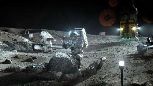 A NASA depiction of Artemis astronauts on the moon. 
