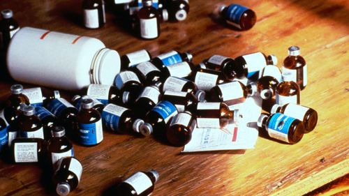 Bottles of poison which belonged to members of the Peoples Temple cult, who participated in a mass suicide, 1978, in Jonestown, Guyana.