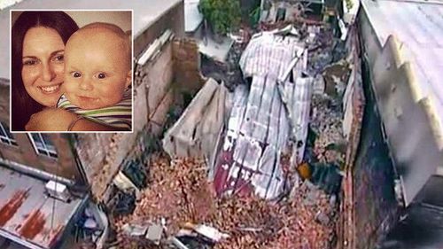 An aerial view of the building in Rozelle after the explosion today, and inset, Bianka O'Brien and her son Jude who remain unaccounted for. Picture: Fire and Rescue NSW/Supplied