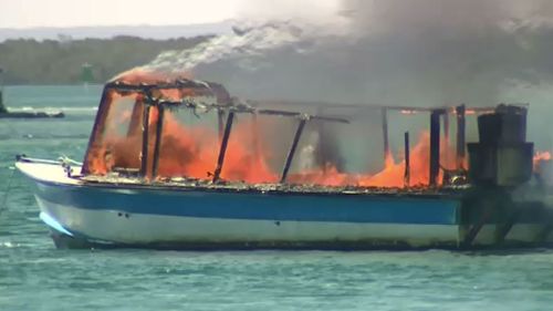 A house boat was destroyed by fire on the Gold Coast Broadwater today. (9NEWS)