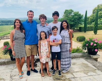 Prince Joachim with wife Princess Marie (far left), ex-wife Countess Alexandra of Frederiksborg (far right) and their children Prince Felix, Prince Nikolai (back) Princess Athena, Prince Henrik (front) at Ch?teau de Cayx in July