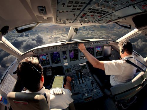 Flight deck of modern passenger jet aircraft.