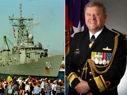 Rear Admiral Raydon Gates and HMAS Adelaide on its return to Fremantle with a rescued Tony Bullimore in 1997. (Photos: AAP/RAN).