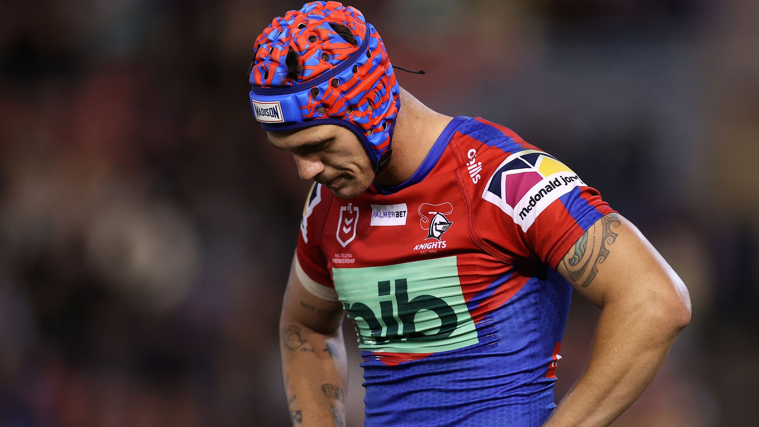 Kalyn Ponga of the Knights looks dejected during a loss to the Broncos.