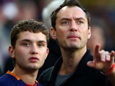 Jude Law and son Rafferty at a soccer match in Spain in 2016.