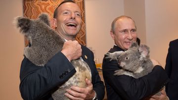 <b>The lighter moments of the G20 retreat:</b> Australian Prime Minister Tony Abbott cuddles up to a koala with Russia's President Vladimir Putin showing his softer side. (Getty Images)