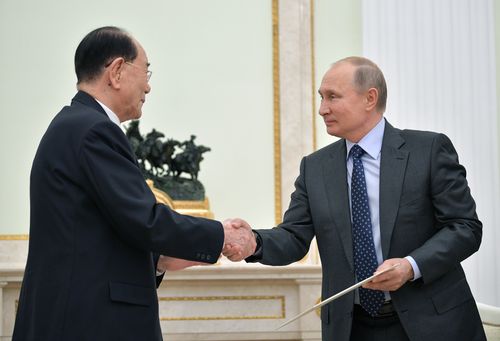 Russian President Vladimir Putin (R) shakes hands with President of the North Korean Presidium of the Supreme People's Assembly Kim Yong-nam